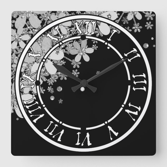 Floral dark flowers glitter silver elegant black g square wall clock (Front)
