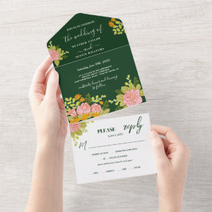 Floral Dark Green Wedding Botanic All In One Invitation