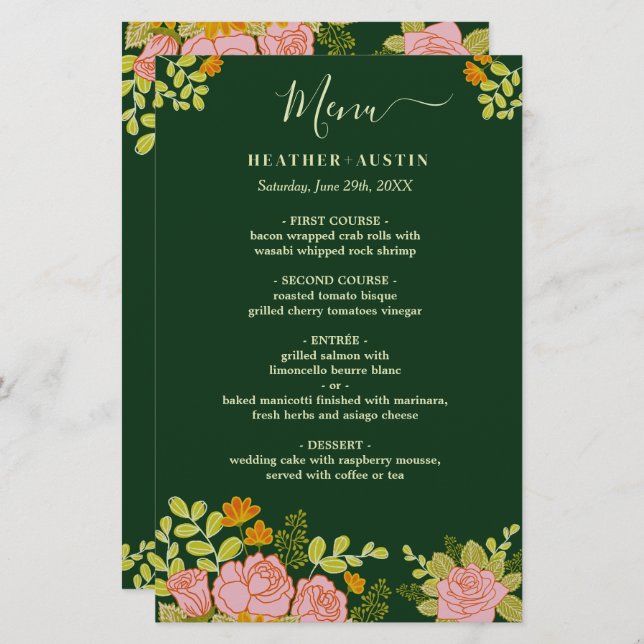 Floral Dark Green Wedding Botanic Decor Menu (Front/Back)