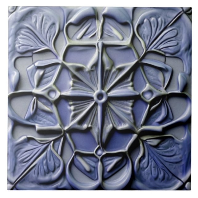 Floral Dark Indigo Blue Faux Relief Flower Cross Ceramic Tile (Front)