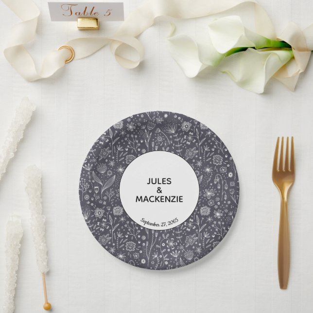 Floral Dark Monochrome Modern Wedding Paper Plates (Wedding)