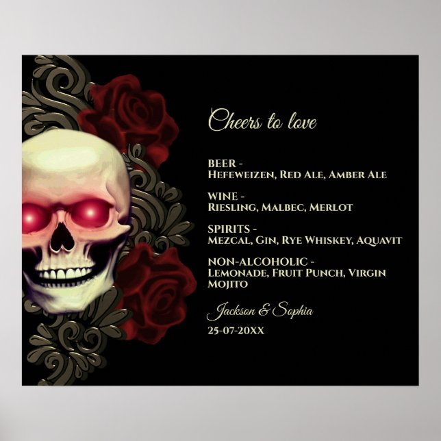 Floral dark moody gothic skull drinks menu sign (Front)