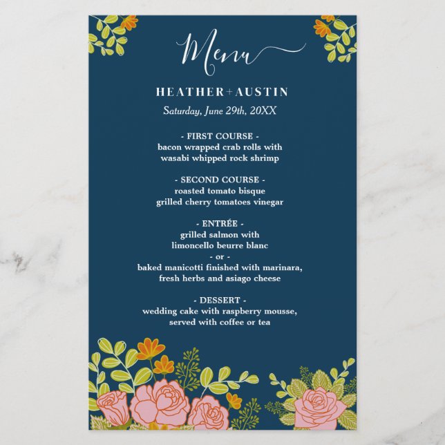 Floral Dark Navy Blue Wedding Botanic Decor Menu (Front)