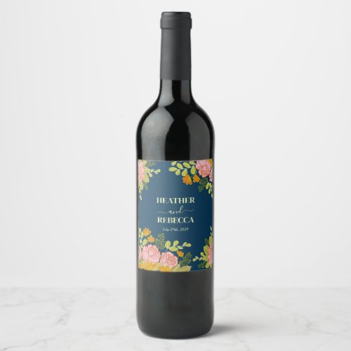 Floral Dark Navy Blue Wedding Botanic Decor Wine Label