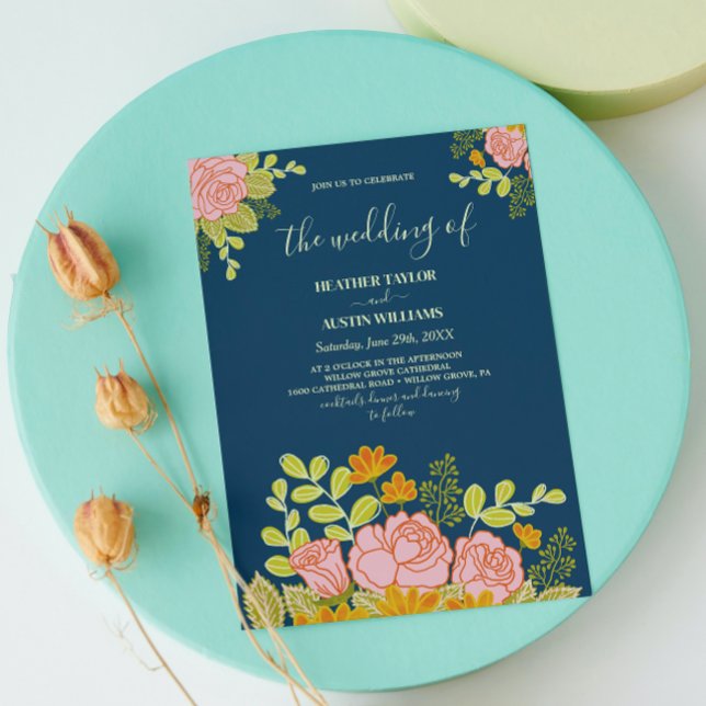 Floral Dark Navy Blue Wedding Botanic Invitation (Creator Uploaded)