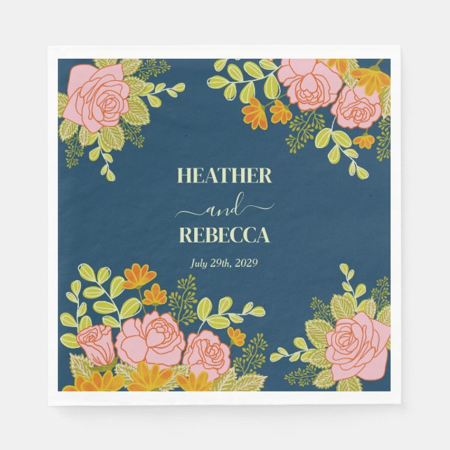 Floral Dark Navy Blue Wedding Botanic  Napkins (Front)