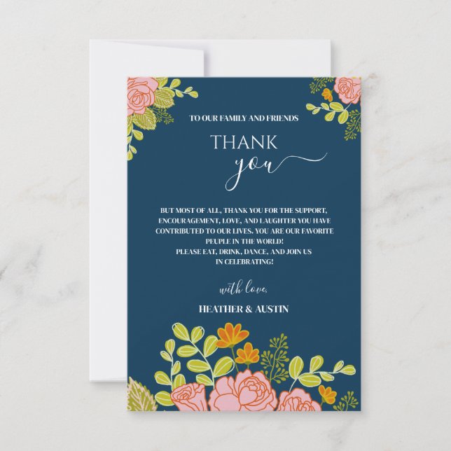 Floral Dark Navy Blue Wedding Botanic Thank you Card (Front)