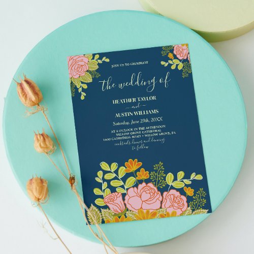 Floral Dark Navy Blue Wedding invitation Botanical