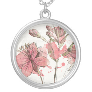 Floral Dark Pink Splash Silver Plated Necklace