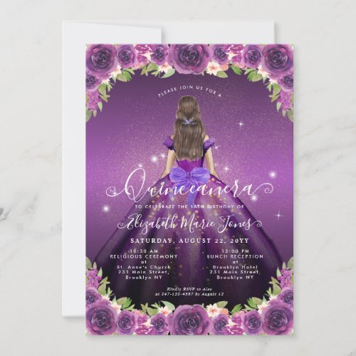 Floral Dark Purple Gold Glam Princess Quinceanera Invitation