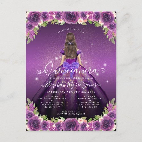Floral Dark Purple Gold Glam Princess Quinceanera Postcard