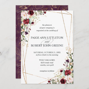 Floral Dark Red, Purple, and Blush Wedding Invitation