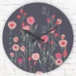 Floral Dark Round Clock<br><div class="desc">Modern Bohemian botancial art.
Pretty boho loose pink floral painting on a dark gray background.
Original art by Nic Squirrell.</div>