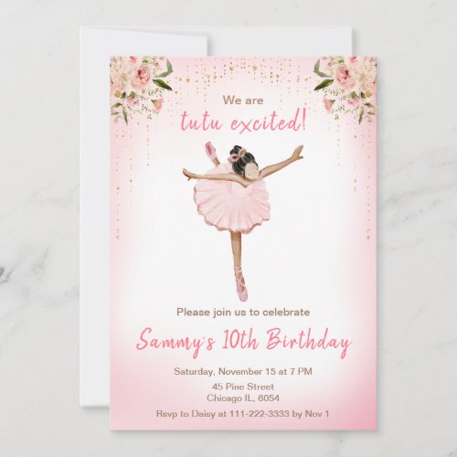Floral Dark Skin Ballerina Birthday Invitation