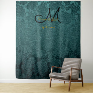 Floral Dark Teal Black Gold Monogram Photo Booth Tapestry
