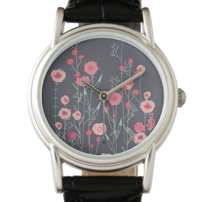 Floral Dark Watch (Wildflower painting pink and gray art watch)