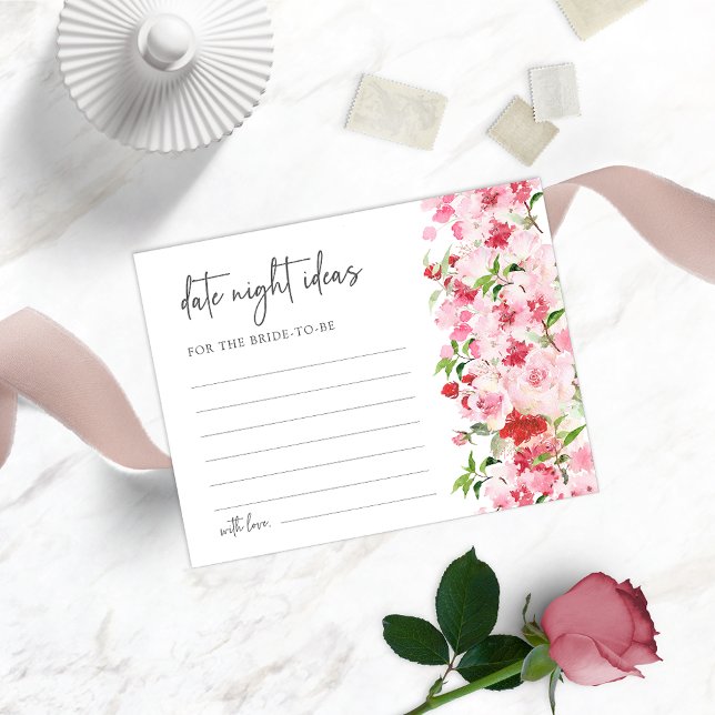 Floral Date Night Ideas (Watercolor Red and Pink Floral Date Night Ideas Card for Bridal Showers)