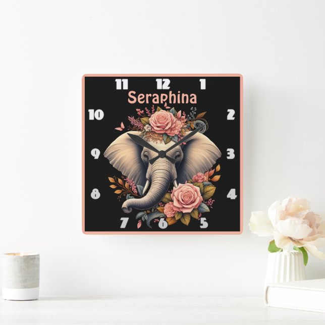 Floral dawn elephant art square wall clock (Home)