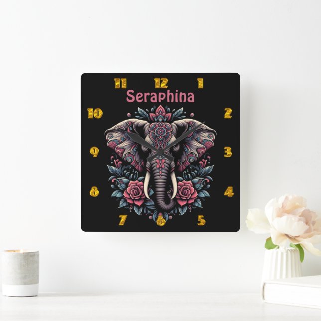 Floral dawn elephant art square wall clock (Home)
