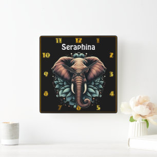 Floral dawn elephant art square wall clock