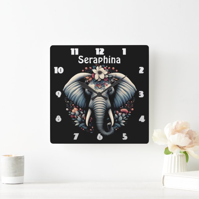 Floral dawn elephant art square wall clock (Home)