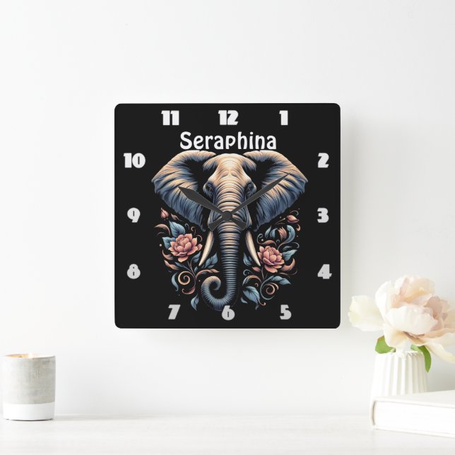 Floral dawn elephant art square wall clock (Home)