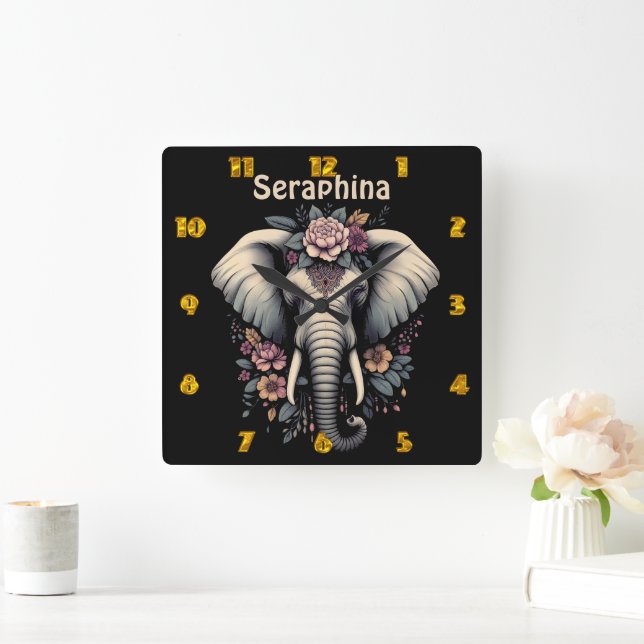 Floral dawn elephant art square wall clock (Home)