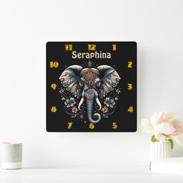 Floral dawn elephant art square wall clock (Home)