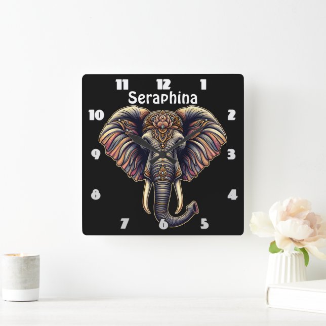 Floral dawn elephant art square wall clock (Home)