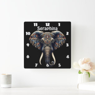 Floral dawn elephant art square wall clock