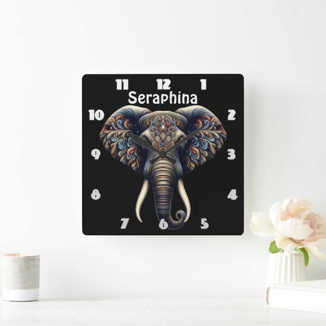 Floral dawn elephant art square wall clock (Home)