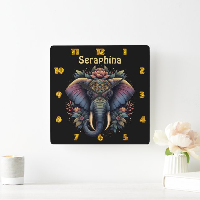 Floral dawn elephant art square wall clock (Home)