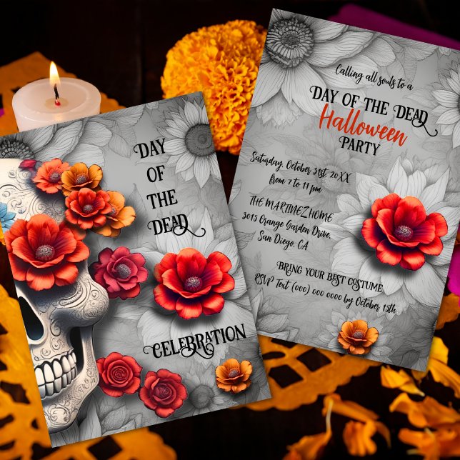 Floral Day of the Dead Halloween Party Invitation  (Creator Uploaded)