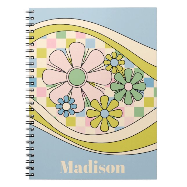 Floral Daydream Retro 60s Pastel Checkered Pattern Notebook (Front)