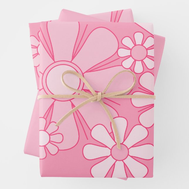 Floral Daydream Retro 60s Pink Pastel Flower Wrapping Paper Sheets (In situ)