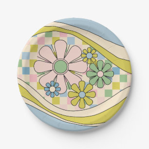 Floral Daydream Retro Flower Checked 60s Pastel  Paper Plates