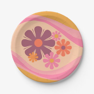 Floral Daydream Retro Flower Pattern Pink Orange Paper Plates