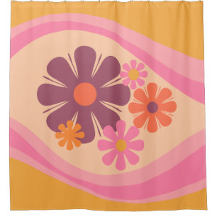 Floral Daydream Retro Flower Pattern Pink Orange Shower Curtain