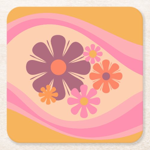 Floral Daydream Retro Flower Pattern Pink Orange  Square Paper Coaster