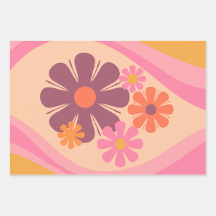 Floral Daydream Retro Flower Pattern Pink Orange Wrapping Paper Sheets
