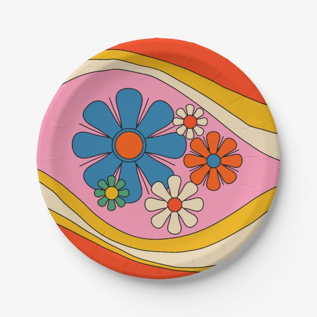 Floral Daydream Retro Flower Power 60s 70s Paper Plates (Front)
