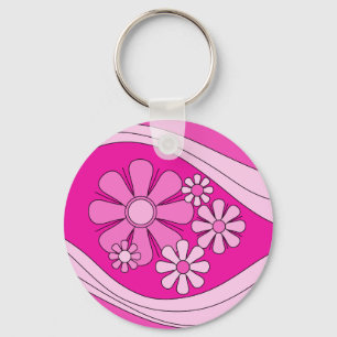 Floral Daydream Retro Hot Pink 60s Flowers Keychain