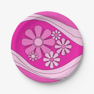 Floral Daydream Retro Hot Pink 60s Flowers Paper Plates