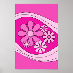 Floral Daydream Retro Hot Pink 60s Flowers Poster