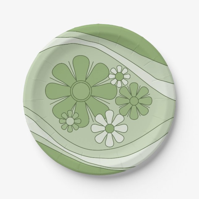 Floral Daydream Sage Green Retro 60s 70s Flowers Paper Plates (Front)