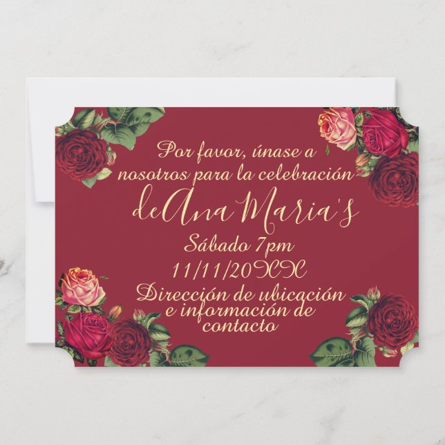 Floral de Borgoña Quinceanera Celebración Invitation (Back)