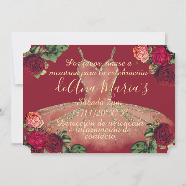 Floral de Borgoña Quinceanera Celebración Invitation (Back)