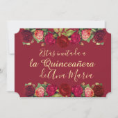 Floral de Borgoña Quinceanera Celebración Invitation (Front)