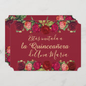 Floral de Borgoña Quinceanera Celebración Invitation (Front/Back)