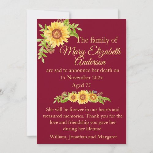 Floral Death and Funeral Announcement Burgundy 